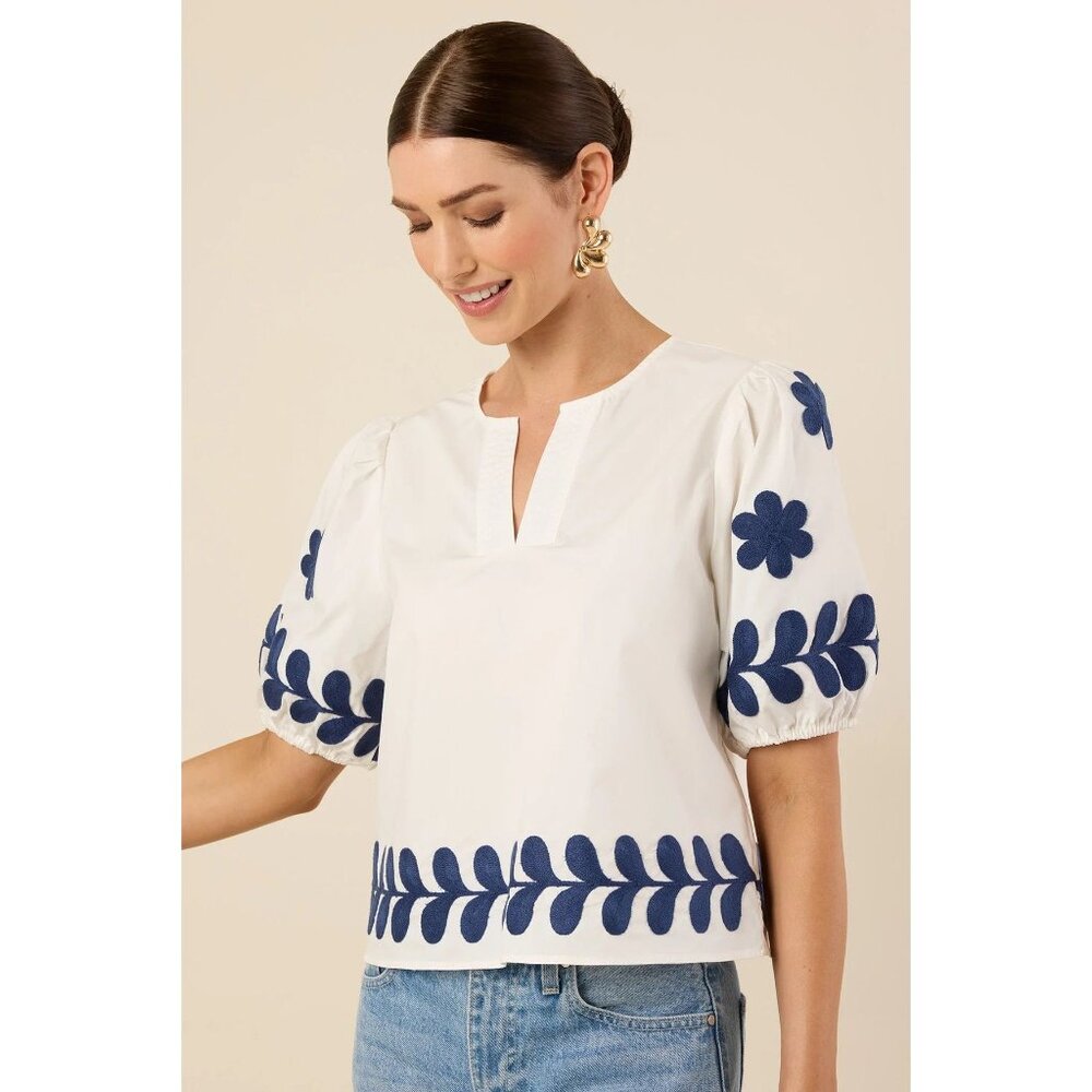 Embroidered White Puff-Sleeve Blouse with Navy Motifs